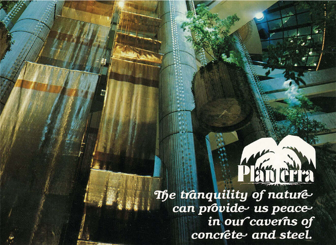 John Portman’s famous “flying Ficus trees” installed by Planterra at the Detroit Renaissance Center in 1978. This brochure contains Planterra’s original logo and philosophical slogan, “the tranquility of nature can provide us peace in our caverns of concrete and steel.”