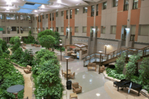 Indoor atrium with trees, seating areas, and walkways in a large office building in West Bloomfield, Michigan