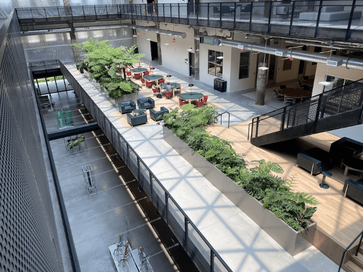 Modern office atrium with lounge seating, plants, and upper walkway overlooking a lower level.