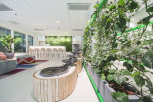 Corporate interior showcasing biophilia in architecture with living walls and water features.