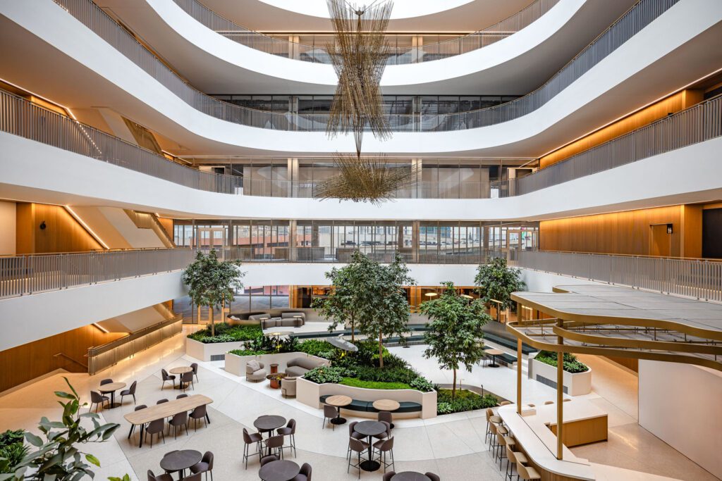 The completed seven-story atrium at Hudson’s Detroit featuring Planterra’s award-winning interior landscape installation. Photo courtesy of Bedrock.