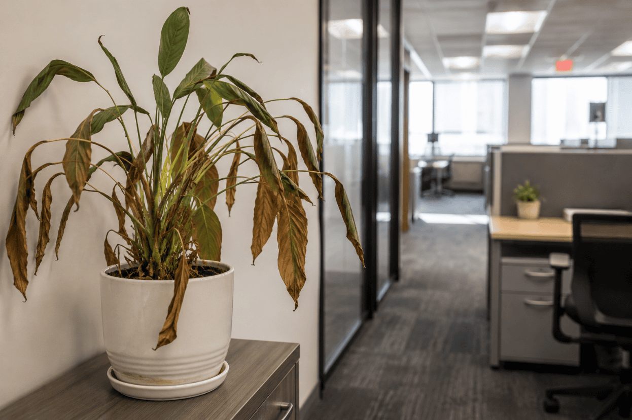 Wilting office plant in a white pot with brown, drooping leaves.