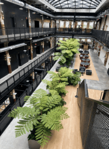 Corporate office atrium with indoor trees and lounge seating.